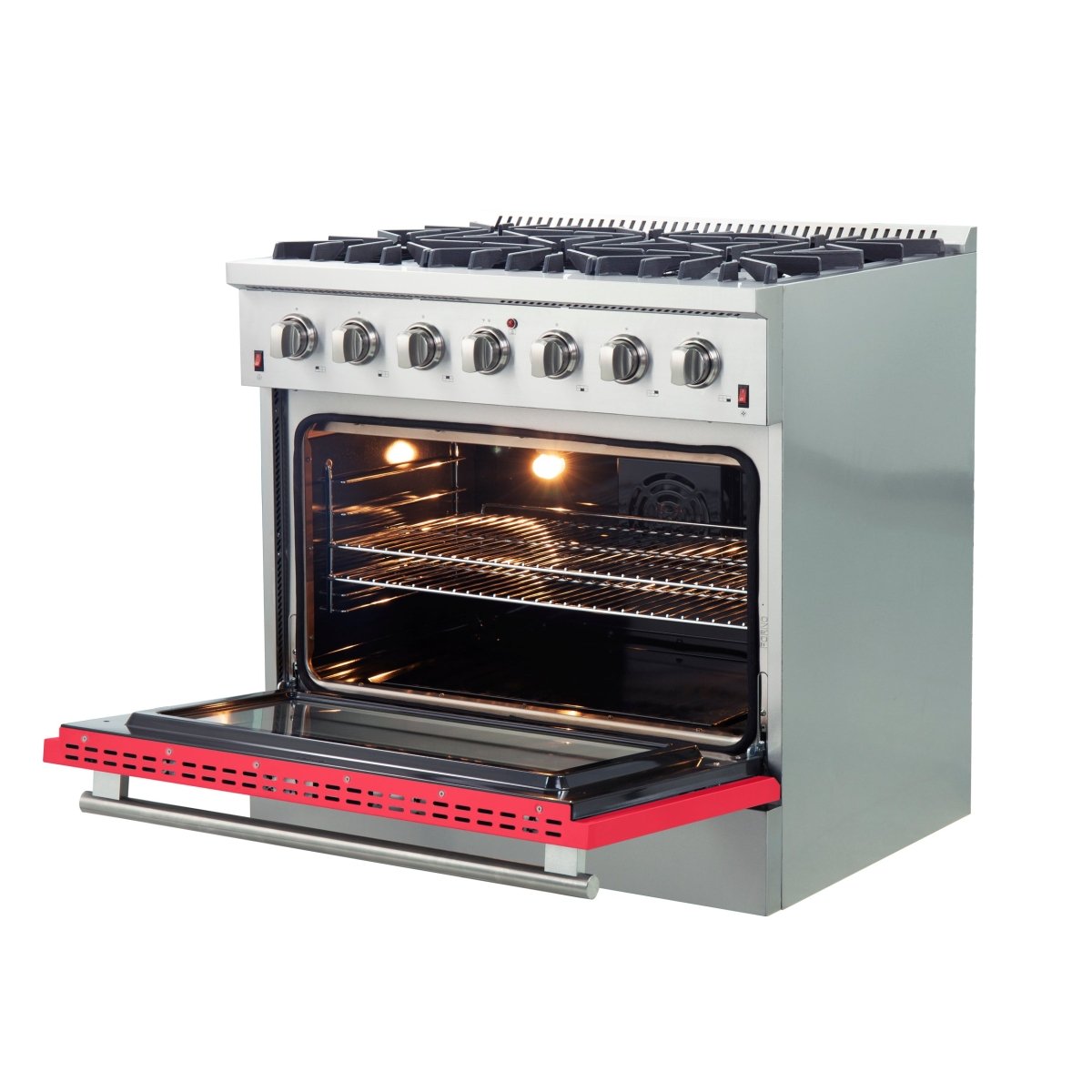 Forno Galiano 36-Inch Freestanding Gas Range, Stainless Steel, 6 Burners, Energy Efficient, Red Door - BonPrix Électroménagers