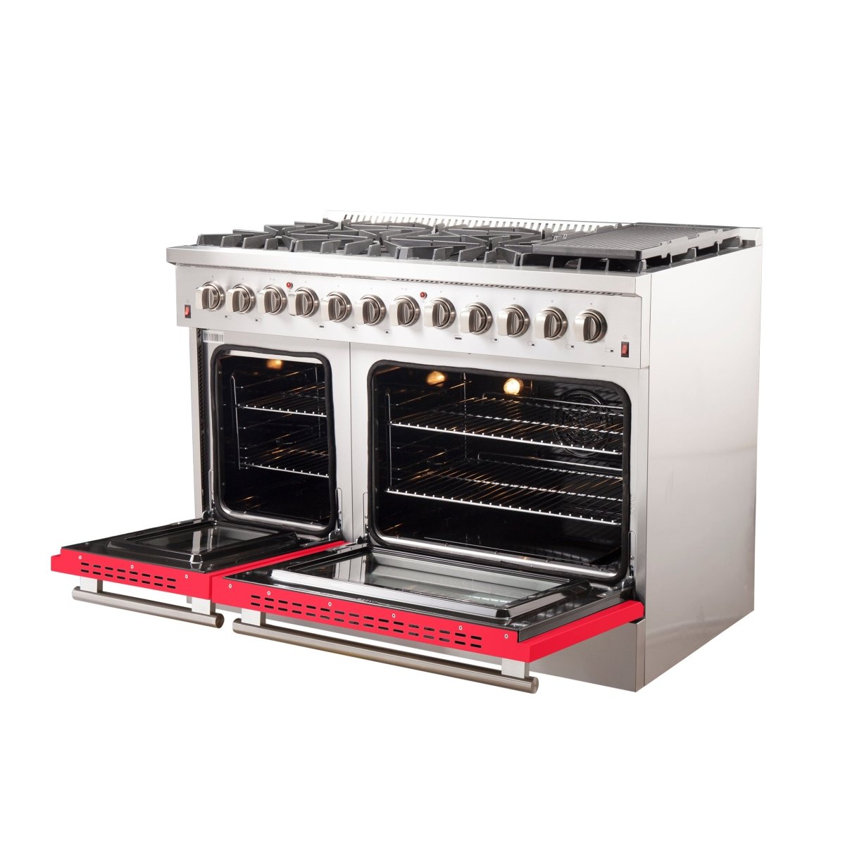 Forno Galiano 48-Inch Freestanding Dual Fuel Range, 8 Burners, Double Convection Ovens, Red Doors - BonPrix Électroménagers