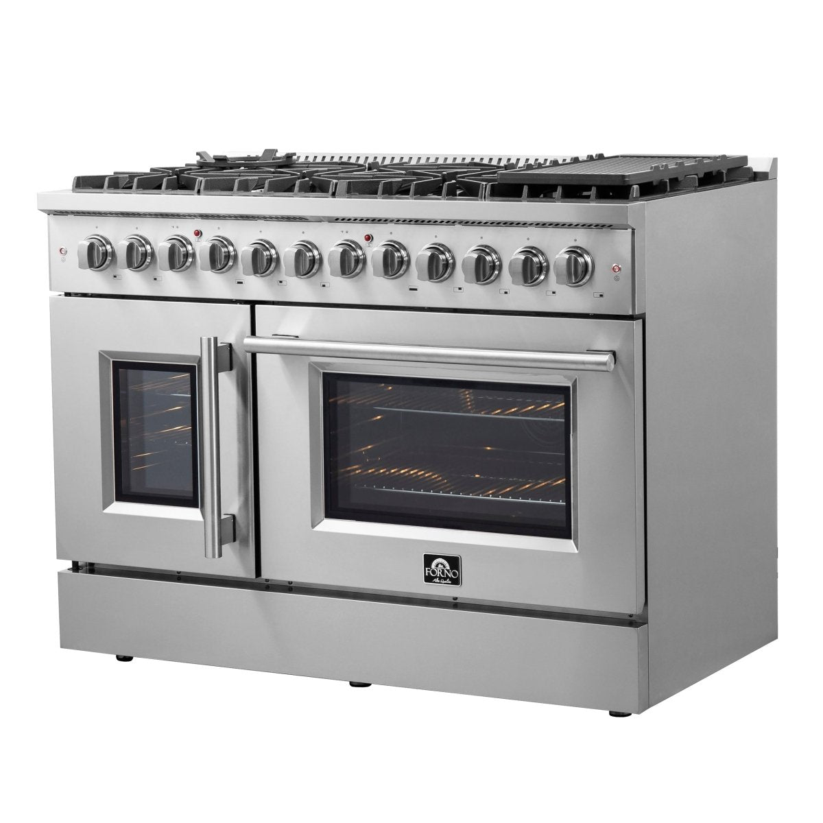 FORNO Galiano 48-Inch French Door Dual Fuel Range All Stainless Steel, 8 Sealed Burners, 107,000 BTU, Griddle, 6.58 cu.ft. Double Ovens - BonPrix Électroménagers