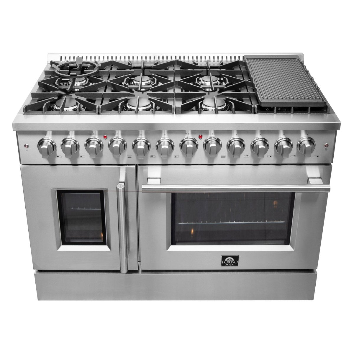 FORNO Galiano 48-Inch French Door Dual Fuel Range All Stainless Steel, 8 Sealed Burners, 107,000 BTU, Griddle, 6.58 cu.ft. Double Ovens - BonPrix Électroménagers