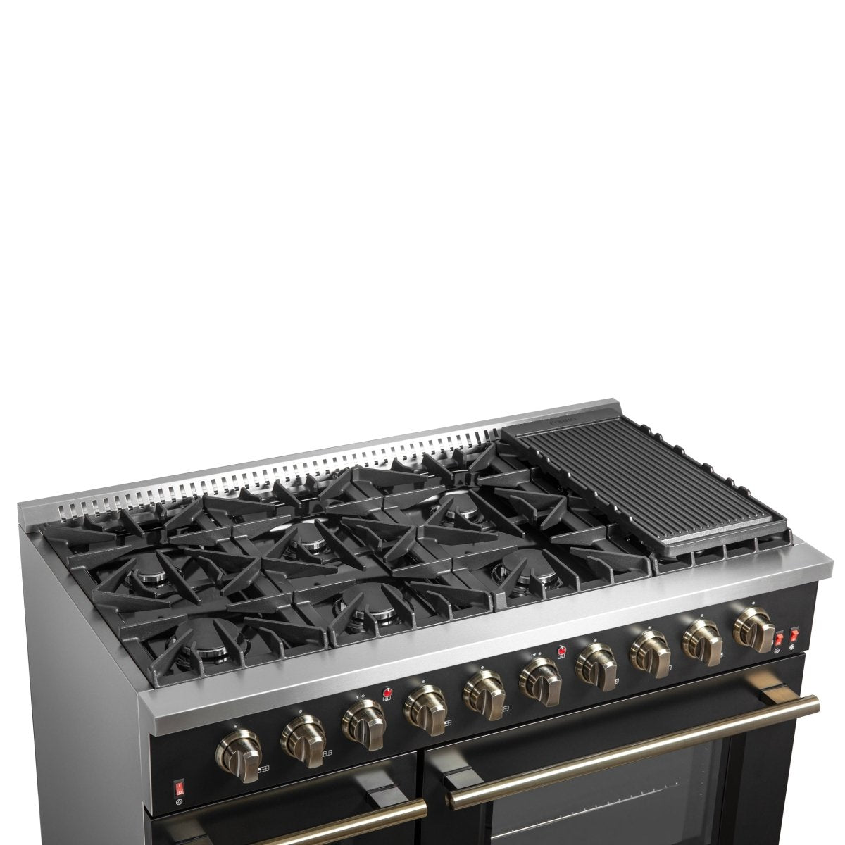 FORNO Galiano 48-inch Gas Range Black & Antique Brass Design, 8 Burners, 107,000 BTU, Griddle, 6.58 cu.ft. Double Ovens - BonPrix Électroménagers