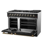 FORNO Galiano 48-inch Gas Range Black & Antique Brass Design, 8 Burners, 107,000 BTU, Griddle, 6.58 cu.ft. Double Ovens - BonPrix Électroménagers