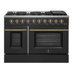 FORNO Galiano 48-inch Gas Range Black & Antique Brass Design, 8 Burners, 107,000 BTU, Griddle, 6.58 cu.ft. Double Ovens - BonPrix Électroménagers
