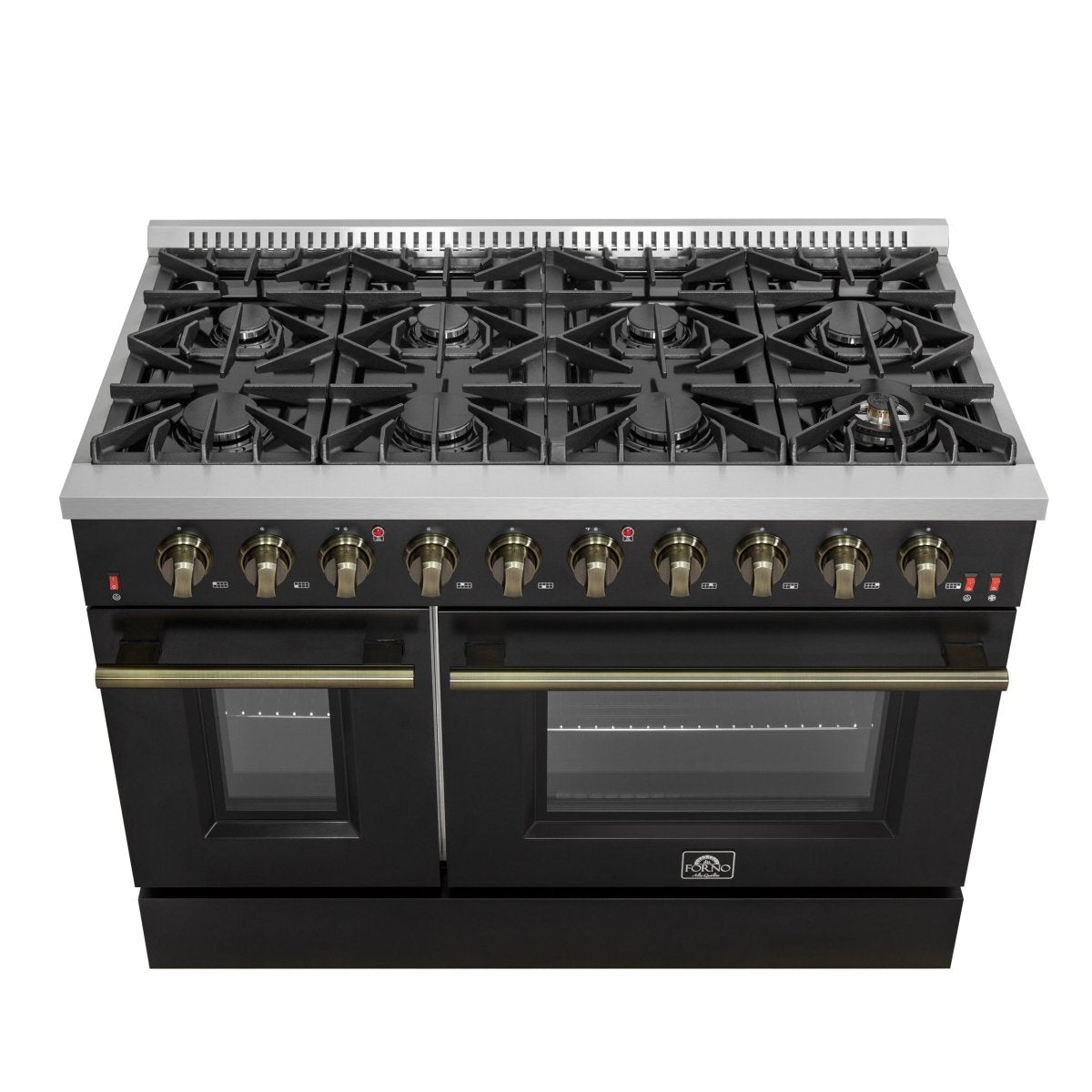 FORNO Galiano 48-inch Gas Range Black & Antique Brass Design, 8 Burners, 107,000 BTU, Griddle, 6.58 cu.ft. Double Ovens - BonPrix Électroménagers
