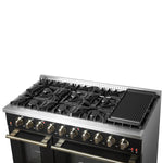 FORNO Galiano 48-inch Gas Range Black & Antique Brass Design, 8 Burners, 107,000 BTU, Griddle, 6.58 cu.ft. Double Ovens - BonPrix Électroménagers