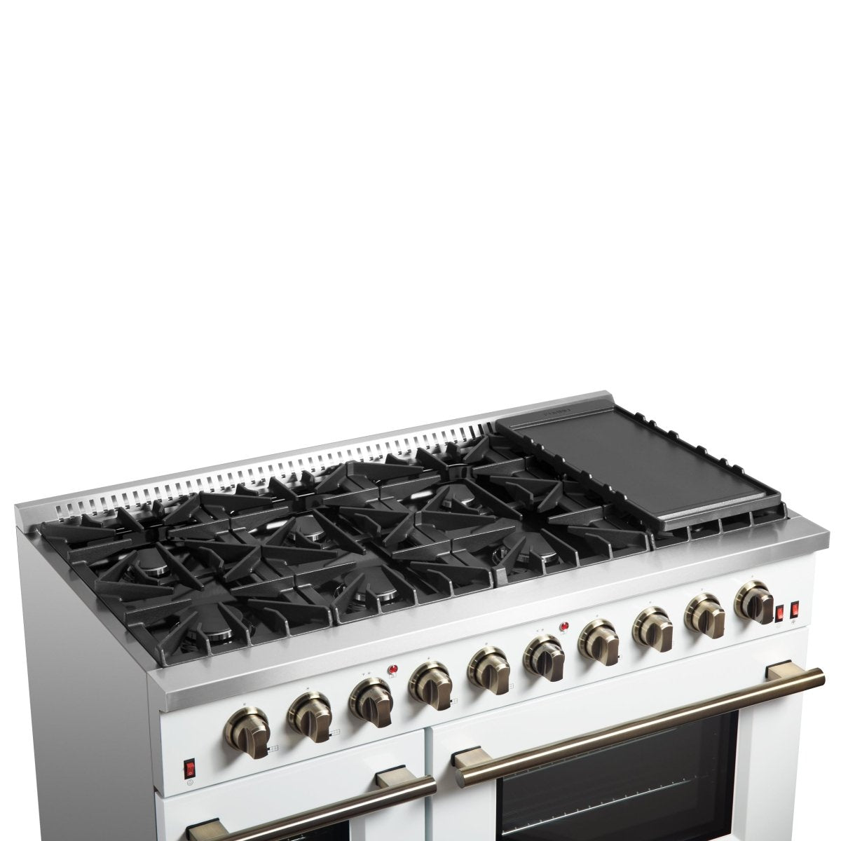 FORNO Galiano 48-inch Gas Range White & Antique Brass Design, 8 Burners, 107,000 BTU, Griddle, 6.58 cu.ft. Double Ovens - BonPrix Électroménagers