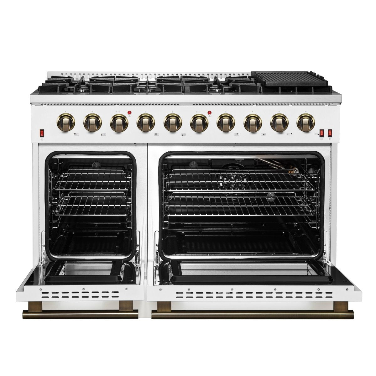 FORNO Galiano 48-inch Gas Range White & Antique Brass Design, 8 Burners, 107,000 BTU, Griddle, 6.58 cu.ft. Double Ovens - BonPrix Électroménagers