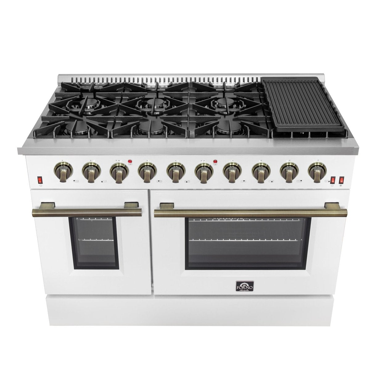 FORNO Galiano 48-inch Gas Range White & Antique Brass Design, 8 Burners, 107,000 BTU, Griddle, 6.58 cu.ft. Double Ovens - BonPrix Électroménagers