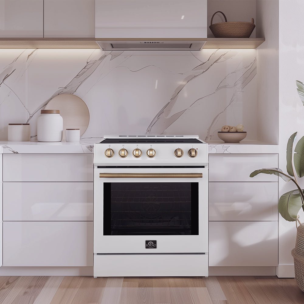 Forno Leonardo Espresso 30-Inch Slide-In White Induction Range, Convection Oven, 5 Cooking Zones, Touch Control Panel - BonPrix Électroménagers