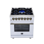 Forno Massimo 30-Inch Freestanding Dual Fuel Range in White with Antique Brass Accessories, 4 Burners, 4.32 cu. ft. Convection Oven - BonPrix Électroménagers
