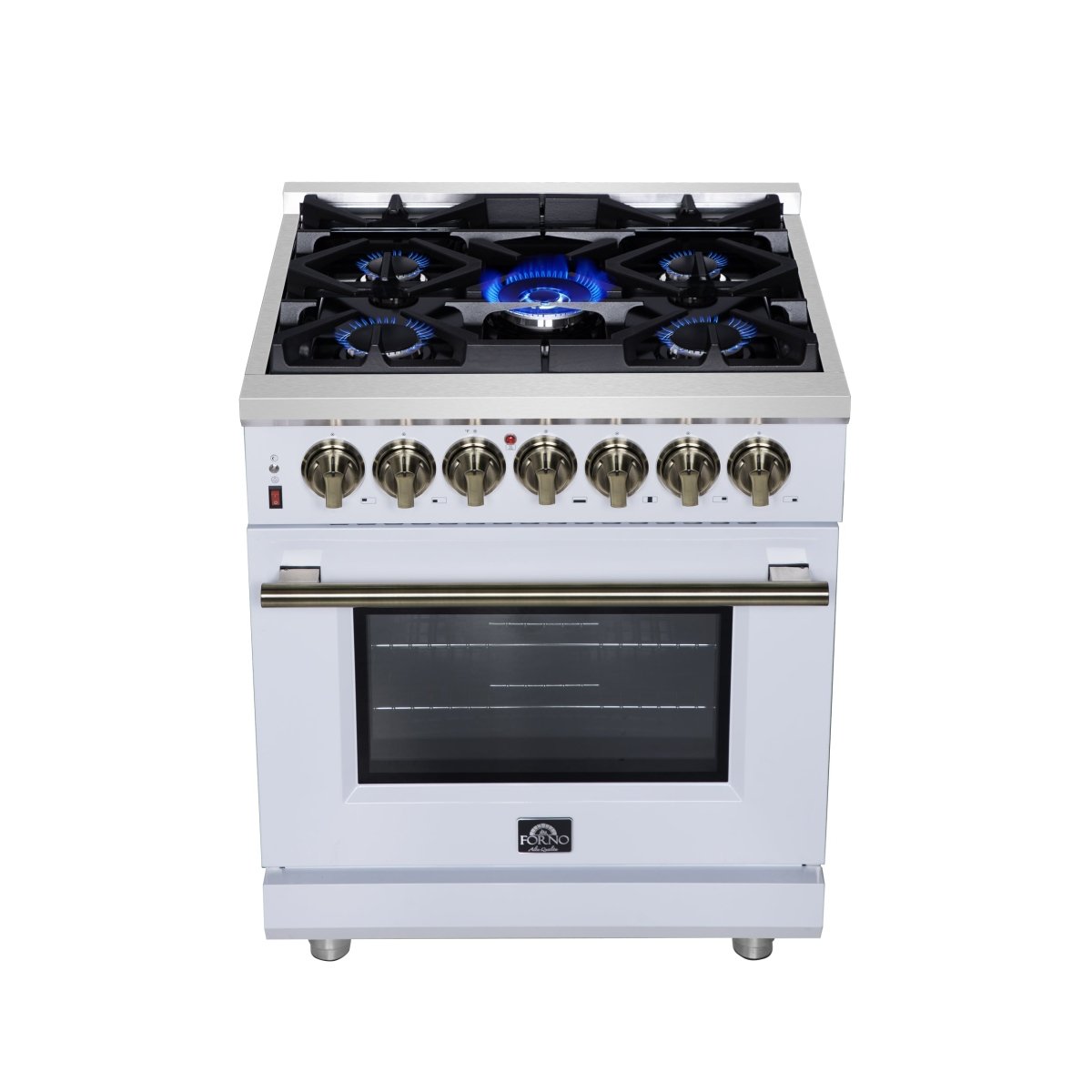 Forno Massimo 30-Inch Freestanding Dual Fuel Range in White with Antique Brass Accessories, 4 Burners, 4.32 cu. ft. Convection Oven - BonPrix Électroménagers