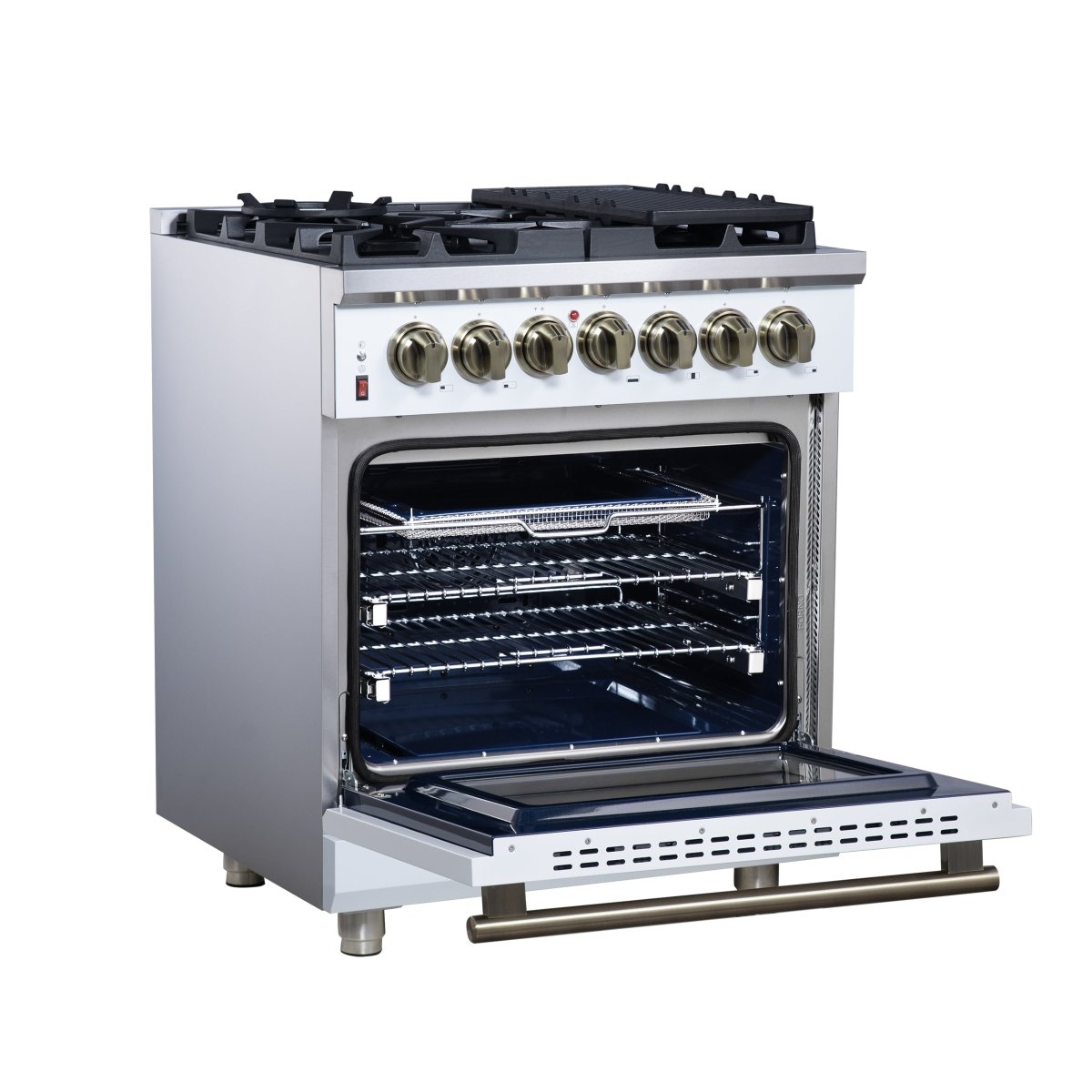 Forno Massimo 30-Inch Freestanding Dual Fuel Range in White with Antique Brass Accessories, 4 Burners, 4.32 cu. ft. Convection Oven - BonPrix Électroménagers