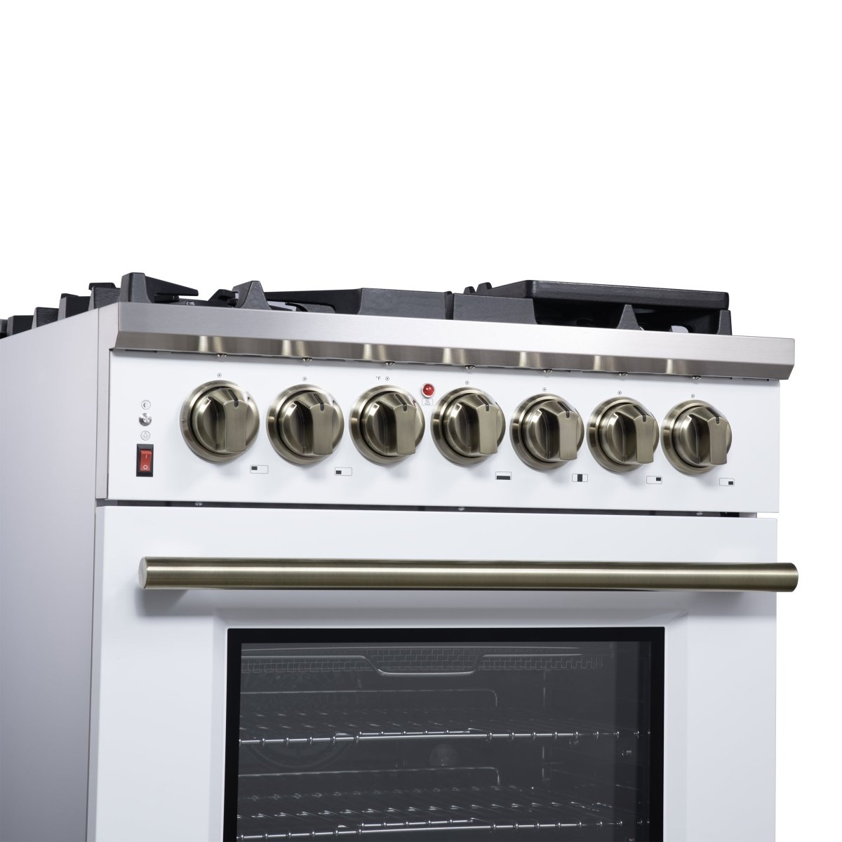 Forno Massimo 30-Inch Freestanding Dual Fuel Range in White with Antique Brass Accessories, 4 Burners, 4.32 cu. ft. Convection Oven - BonPrix Électroménagers