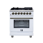 Forno Massimo 30-Inch Freestanding Dual Fuel Range in White with Antique Brass Accessories, 4 Burners, 4.32 cu. ft. Convection Oven - BonPrix Électroménagers