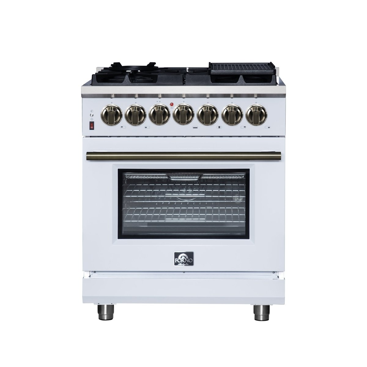 Forno Massimo 30-Inch Freestanding Dual Fuel Range in White with Antique Brass Accessories, 4 Burners, 4.32 cu. ft. Convection Oven - BonPrix Électroménagers