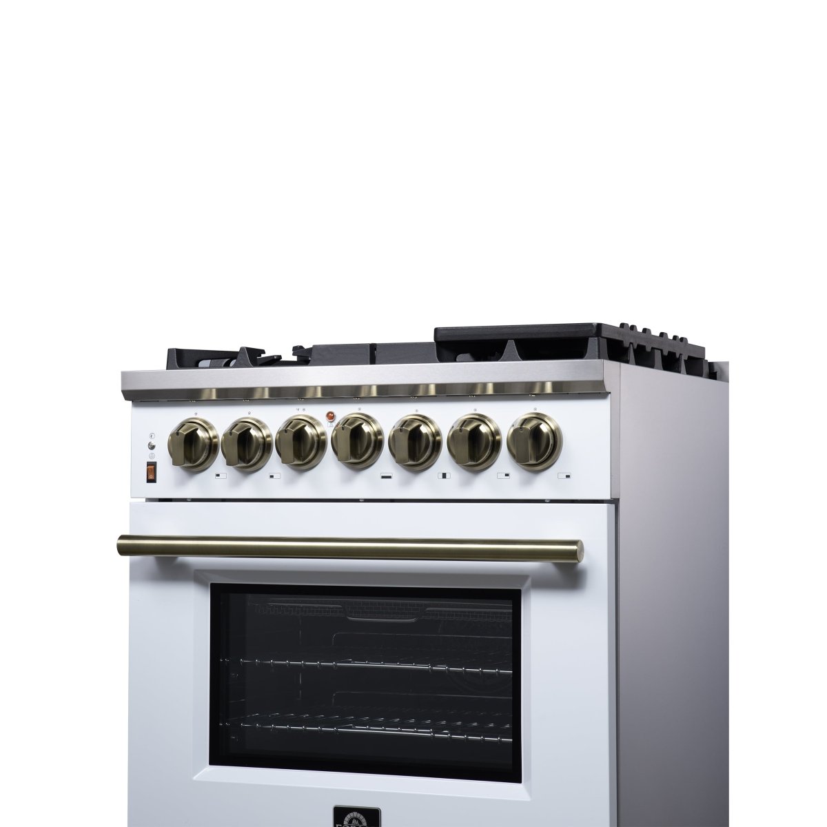 Forno Massimo 30-Inch Freestanding Dual Fuel Range in White with Antique Brass Accessories, 4 Burners, 4.32 cu. ft. Convection Oven - BonPrix Électroménagers
