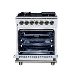 Forno Massimo 30-Inch Freestanding Dual Fuel Range in White with Antique Brass Accessories, 4 Burners, 4.32 cu. ft. Convection Oven - BonPrix Électroménagers