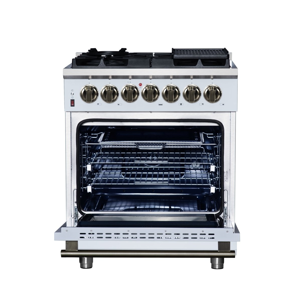 Forno Massimo 30-Inch Freestanding Dual Fuel Range in White with Antique Brass Accessories, 4 Burners, 4.32 cu. ft. Convection Oven - BonPrix Électroménagers