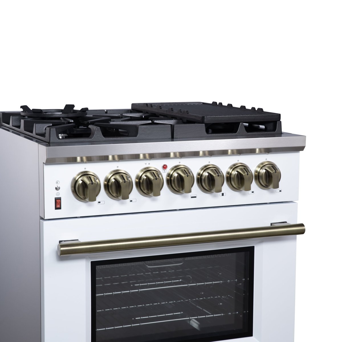 Forno Massimo 30-Inch Freestanding Dual Fuel Range in White with Antique Brass Accessories, 4 Burners, 4.32 cu. ft. Convection Oven - BonPrix Électroménagers