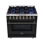 Forno Massimo 36 Inch Freestanding Dual Fuel Range in Black with Antique Brass Accessories, 6 Burners, 5.36 cu. ft. Convection Oven - BonPrix Électroménagers