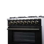 Forno Massimo 36 Inch Freestanding Dual Fuel Range in Black with Antique Brass Accessories, 6 Burners, 5.36 cu. ft. Convection Oven - BonPrix Électroménagers