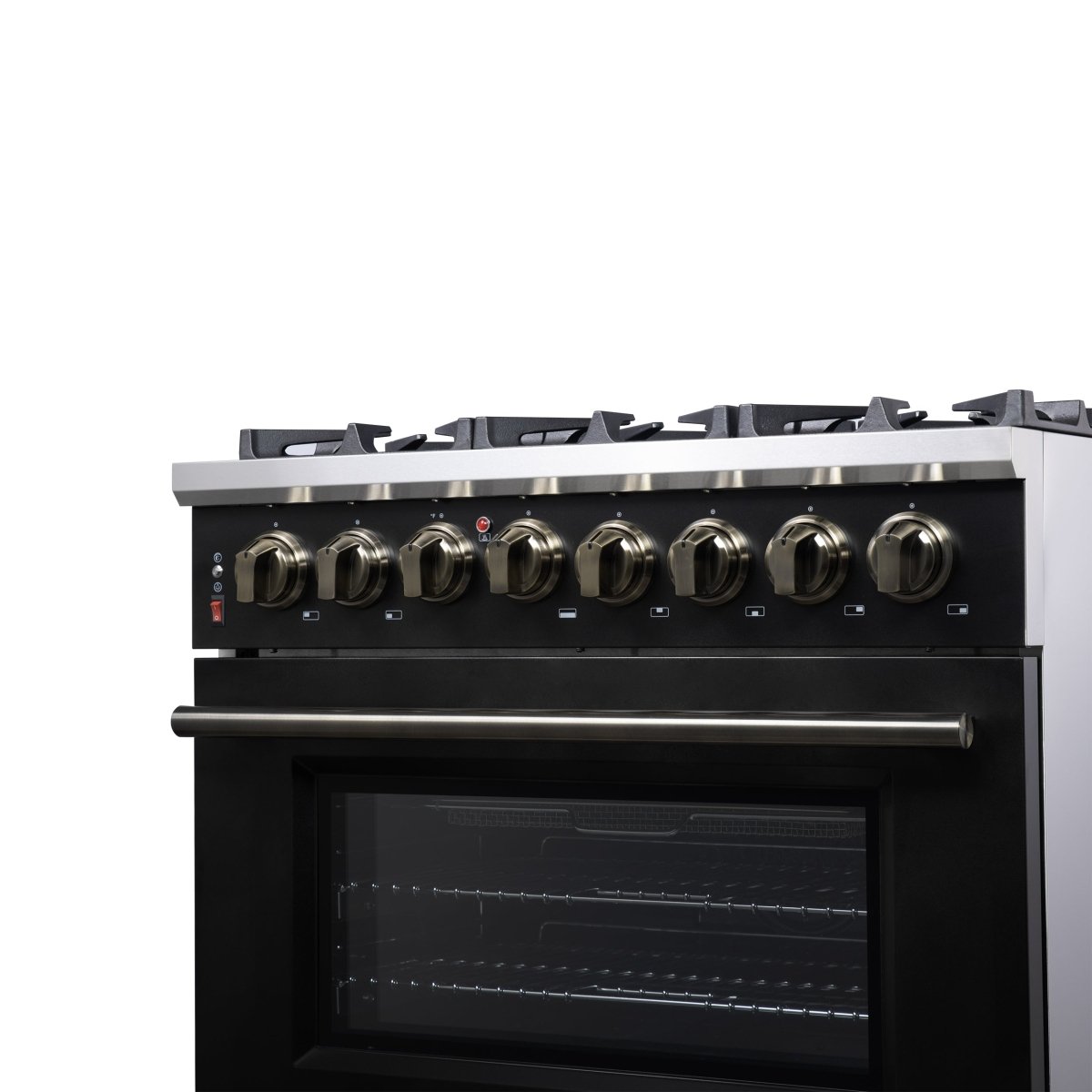 Forno Massimo 36 Inch Freestanding Dual Fuel Range in Black with Antique Brass Accessories, 6 Burners, 5.36 cu. ft. Convection Oven - BonPrix Électroménagers