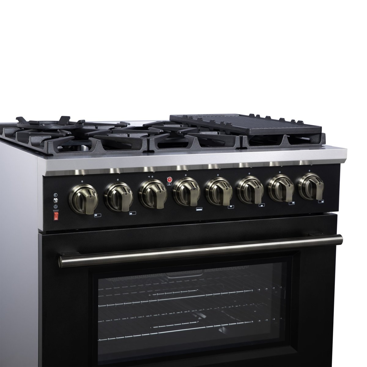 Forno Massimo 36 Inch Freestanding Dual Fuel Range in Black with Antique Brass Accessories, 6 Burners, 5.36 cu. ft. Convection Oven - BonPrix Électroménagers