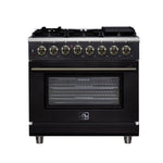 Forno Massimo 36 Inch Freestanding Dual Fuel Range in Black with Antique Brass Accessories, 6 Burners, 5.36 cu. ft. Convection Oven - BonPrix Électroménagers