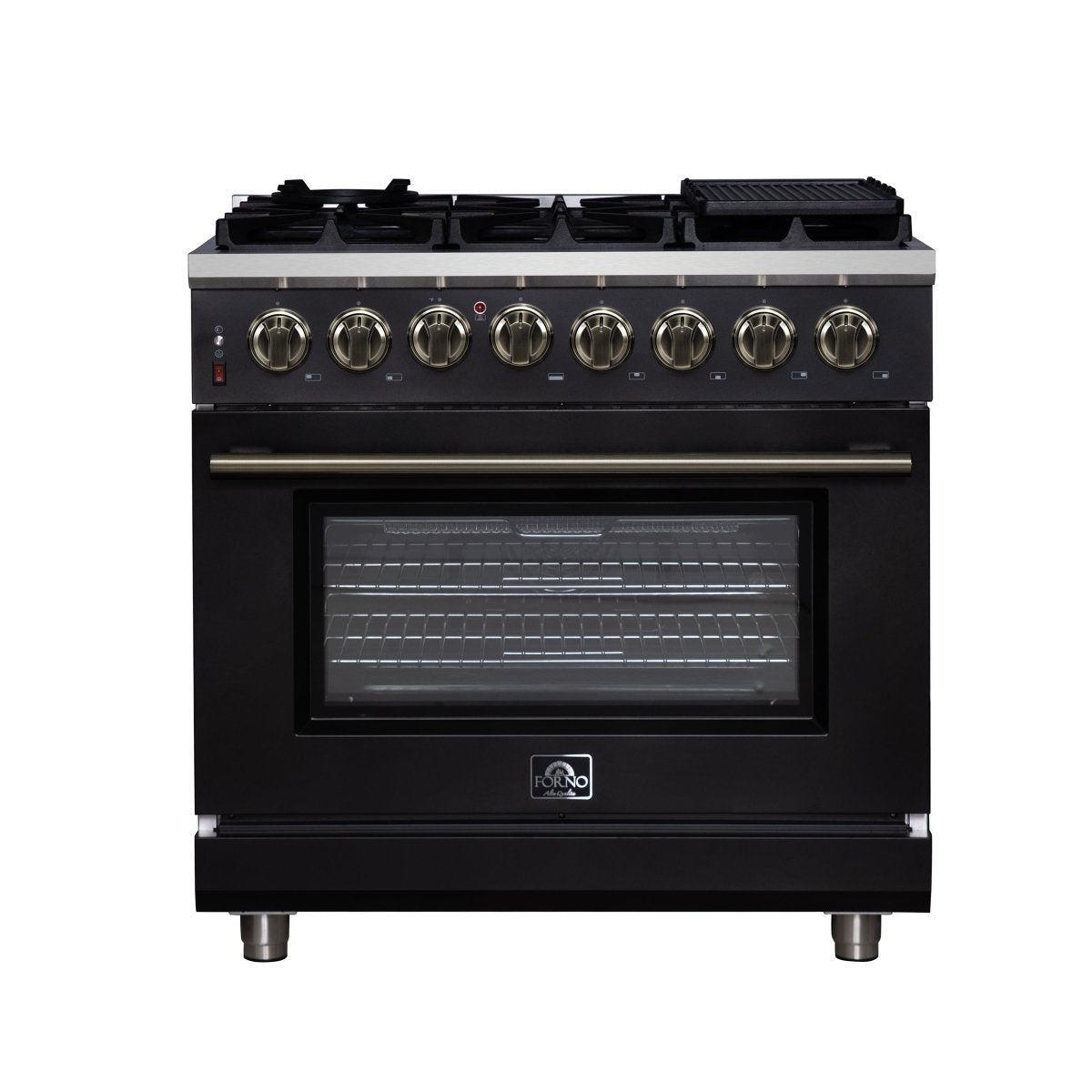 Forno Massimo 36 Inch Freestanding Dual Fuel Range in Black with Antique Brass Accessories, 6 Burners, 5.36 cu. ft. Convection Oven - BonPrix Électroménagers