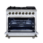 Forno Massimo 36 Inch Freestanding Dual Fuel Range in White with Antique Brass Accessories, 6 Burners, 5.36 cu. ft. Convection Oven - BonPrix Électroménagers