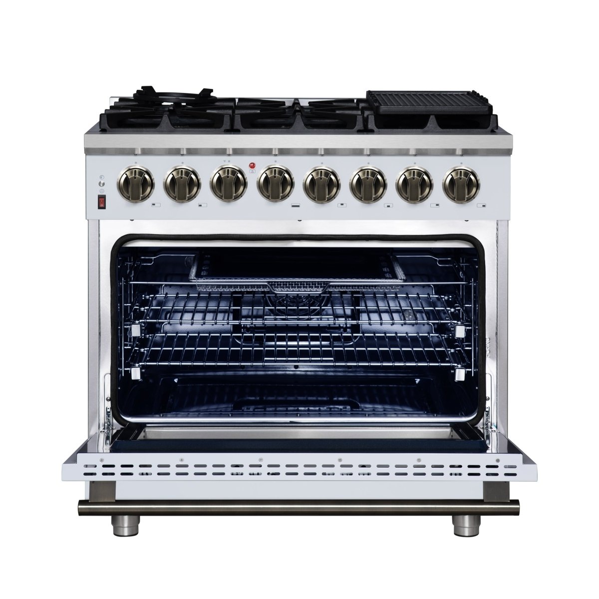 Forno Massimo 36 Inch Freestanding Dual Fuel Range in White with Antique Brass Accessories, 6 Burners, 5.36 cu. ft. Convection Oven - BonPrix Électroménagers