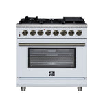 Forno Massimo 36 Inch Freestanding Dual Fuel Range in White with Antique Brass Accessories, 6 Burners, 5.36 cu. ft. Convection Oven - BonPrix Électroménagers