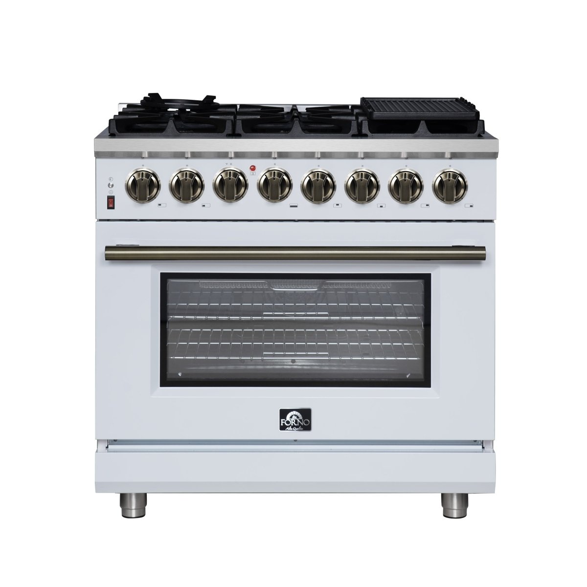 Forno Massimo 36 Inch Freestanding Dual Fuel Range in White with Antique Brass Accessories, 6 Burners, 5.36 cu. ft. Convection Oven - BonPrix Électroménagers