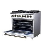 Forno Massimo 36 Inch Freestanding Dual Fuel Range in White with Antique Brass Accessories, 6 Burners, 5.36 cu. ft. Convection Oven - BonPrix Électroménagers
