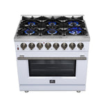 Forno Massimo 36 Inch Freestanding Dual Fuel Range in White with Antique Brass Accessories, 6 Burners, 5.36 cu. ft. Convection Oven - BonPrix Électroménagers