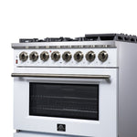 Forno Massimo 36 Inch Freestanding Dual Fuel Range in White with Antique Brass Accessories, 6 Burners, 5.36 cu. ft. Convection Oven - BonPrix Électroménagers