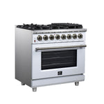 Forno Massimo 36 Inch Freestanding Dual Fuel Range in White with Antique Brass Accessories, 6 Burners, 5.36 cu. ft. Convection Oven - BonPrix Électroménagers