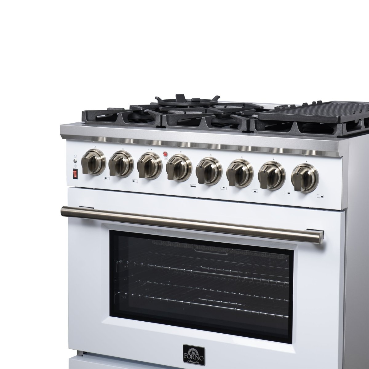 Forno Massimo 36 Inch Freestanding Dual Fuel Range in White with Antique Brass Accessories, 6 Burners, 5.36 cu. ft. Convection Oven - BonPrix Électroménagers