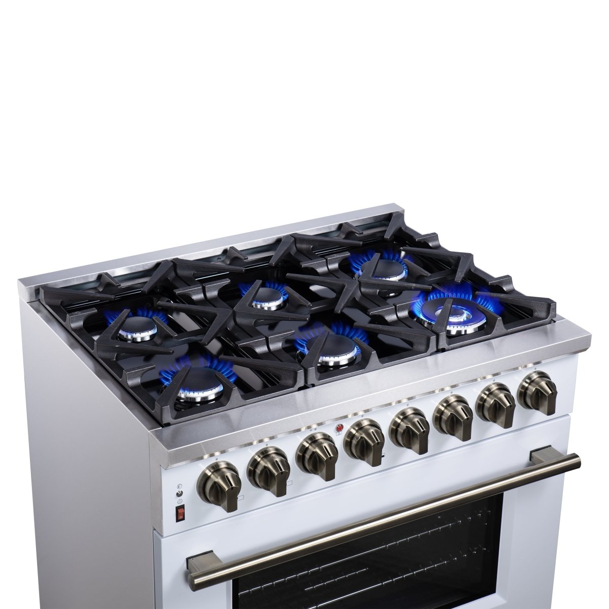 Forno Massimo 36 Inch Freestanding Dual Fuel Range in White with Antique Brass Accessories, 6 Burners, 5.36 cu. ft. Convection Oven - BonPrix Électroménagers