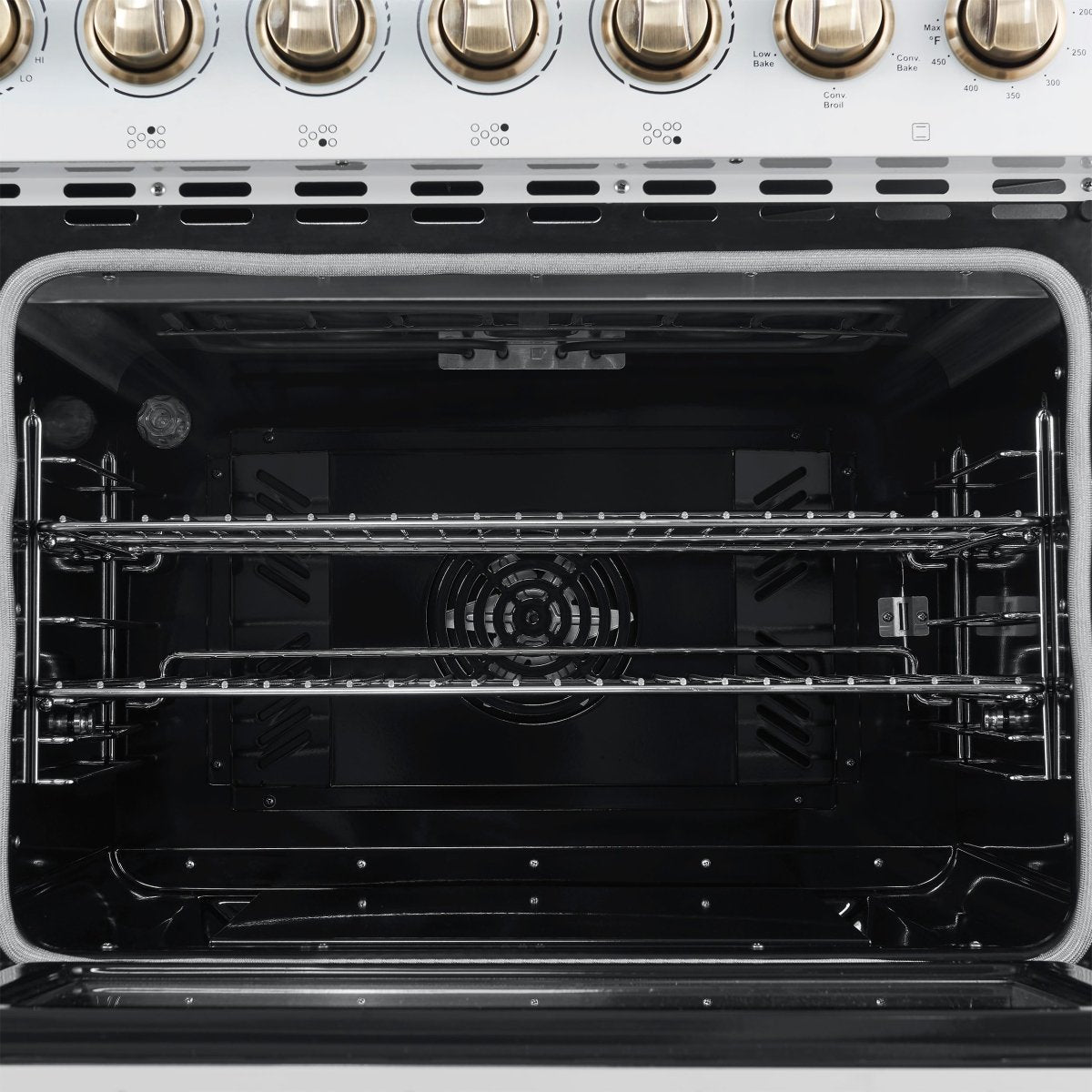 Forno Paolo 48 Inch Freestanding Electric Range in White with Antique Brass, 6.7 cu.ft, True Convection Oven, Energy Efficient - BonPrix Électroménagers