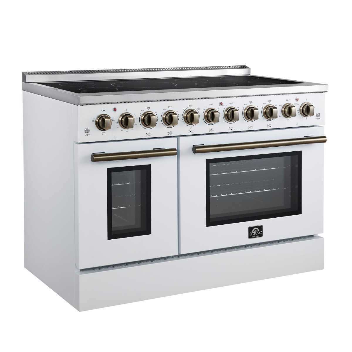 Forno Paolo 48 Inch Freestanding Electric Range in White with Antique Brass, 6.7 cu.ft, True Convection Oven, Energy Efficient - BonPrix Électroménagers