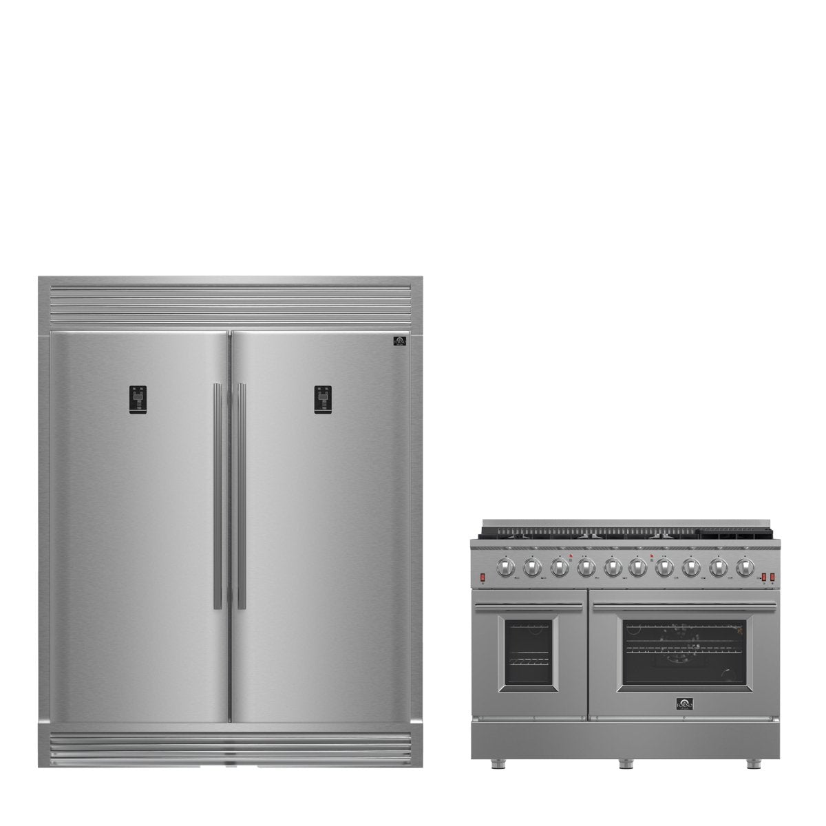 FORNO Premium 2-Piece Kitchen Bundle - Galiano 48" Stainless Steel Dual Fuel Range, 60" Stainless Steel Side-by-side Convertible Refrigerator - FBDL-005-02CAUS - BonPrix Électroménagers