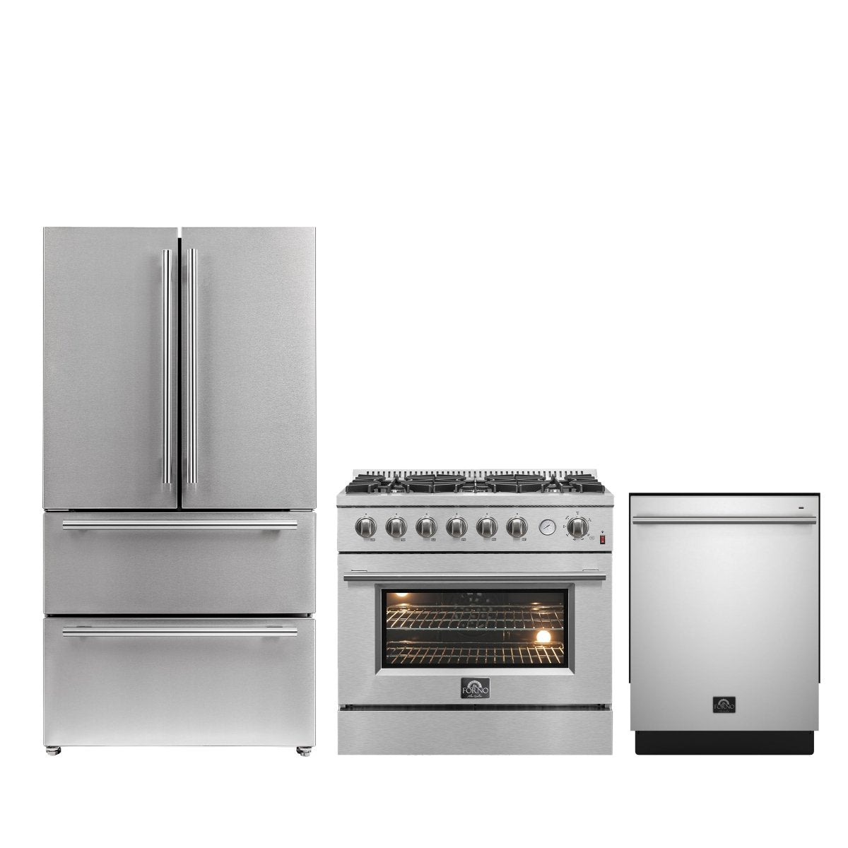 FORNO Premium 3-Piece Kitchen Bundle - 36" Gas Range, French Door Refrigerator, Built-In Dishwasher, Stainless Steel - FBDL-009-01CAUS - BonPrix Électroménagers