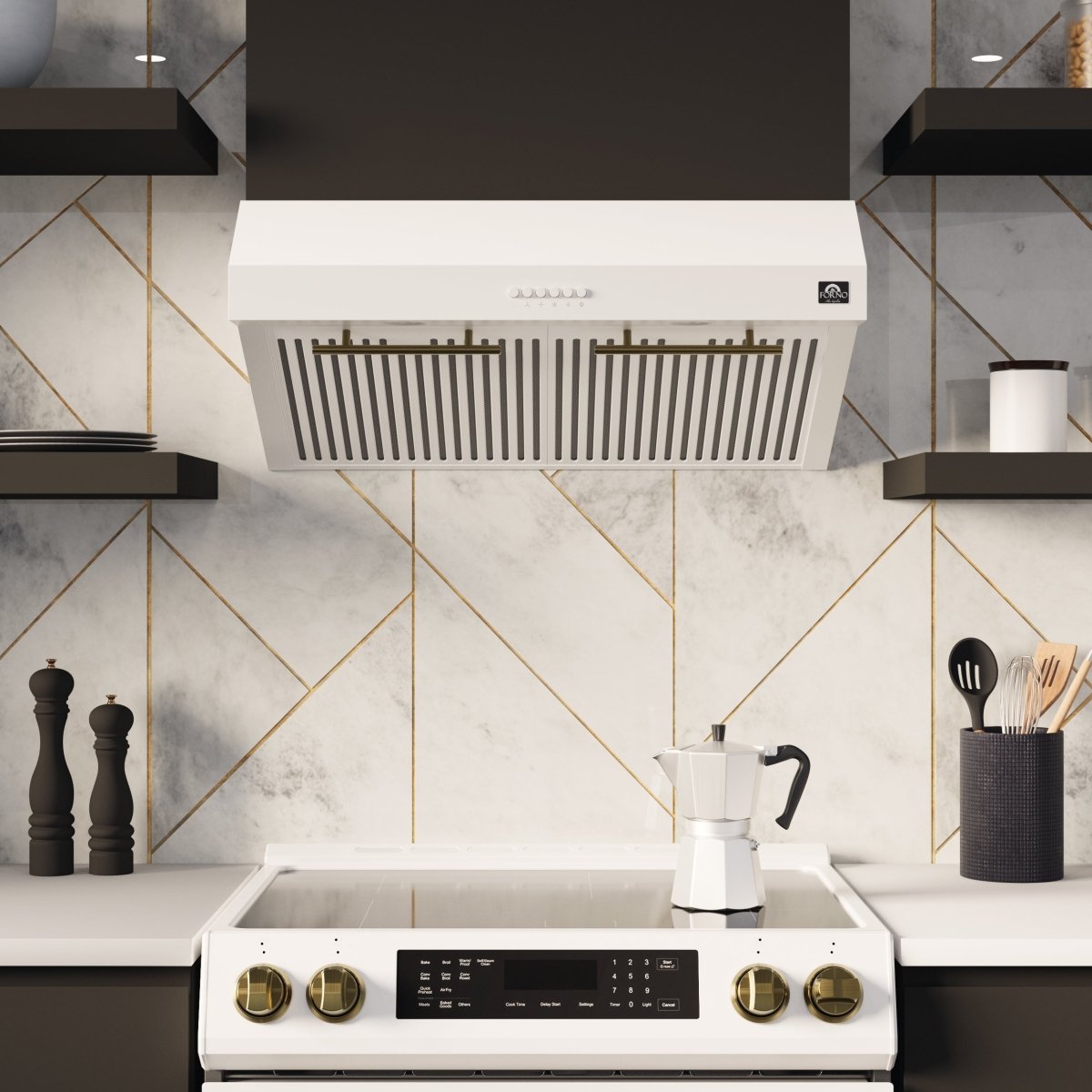 FORNO Premium 4-Piece Kitchen Bundle - Leonardo Espresso 30" White Range, 30" White Range Hood, 31" White Bottom Freezer Refrigerator, 24" White Built-In Dishwasher - FBDL-006-03CA - BonPrix Électroménagers
