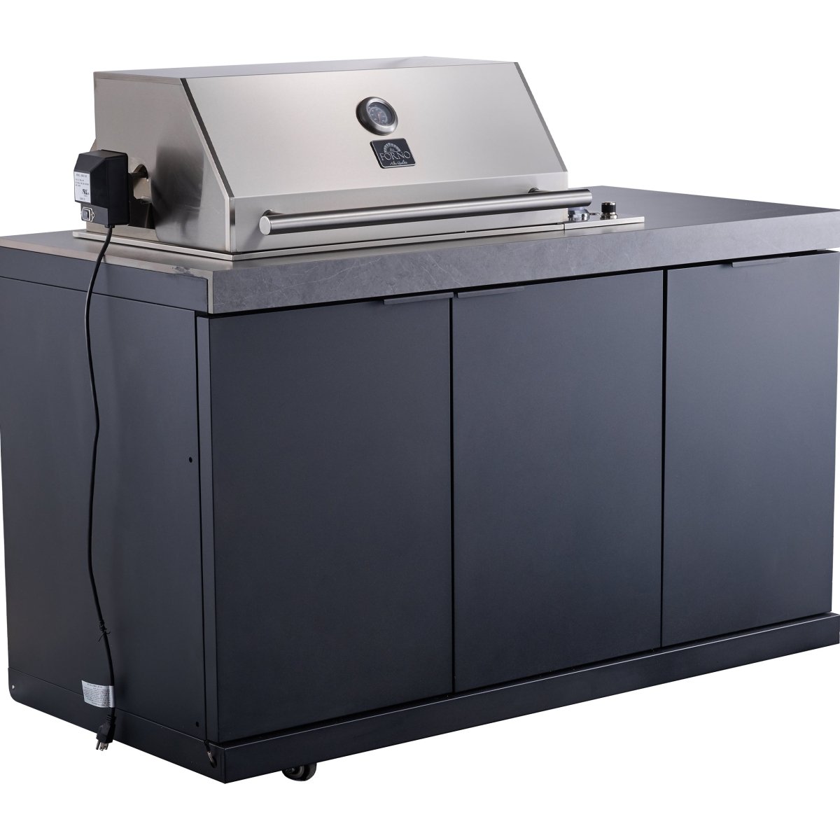 Forno Rimini Outdoor Kitchen 30" BBQ 62,600 BTU, 3 Burners with Sear & Rotisserie, 2.4 cu.ft. Beverage Center, Stainless Steel Sink, Black Cabinets & Gray Sintered Stone Countertop - BonPrix Électroménagers