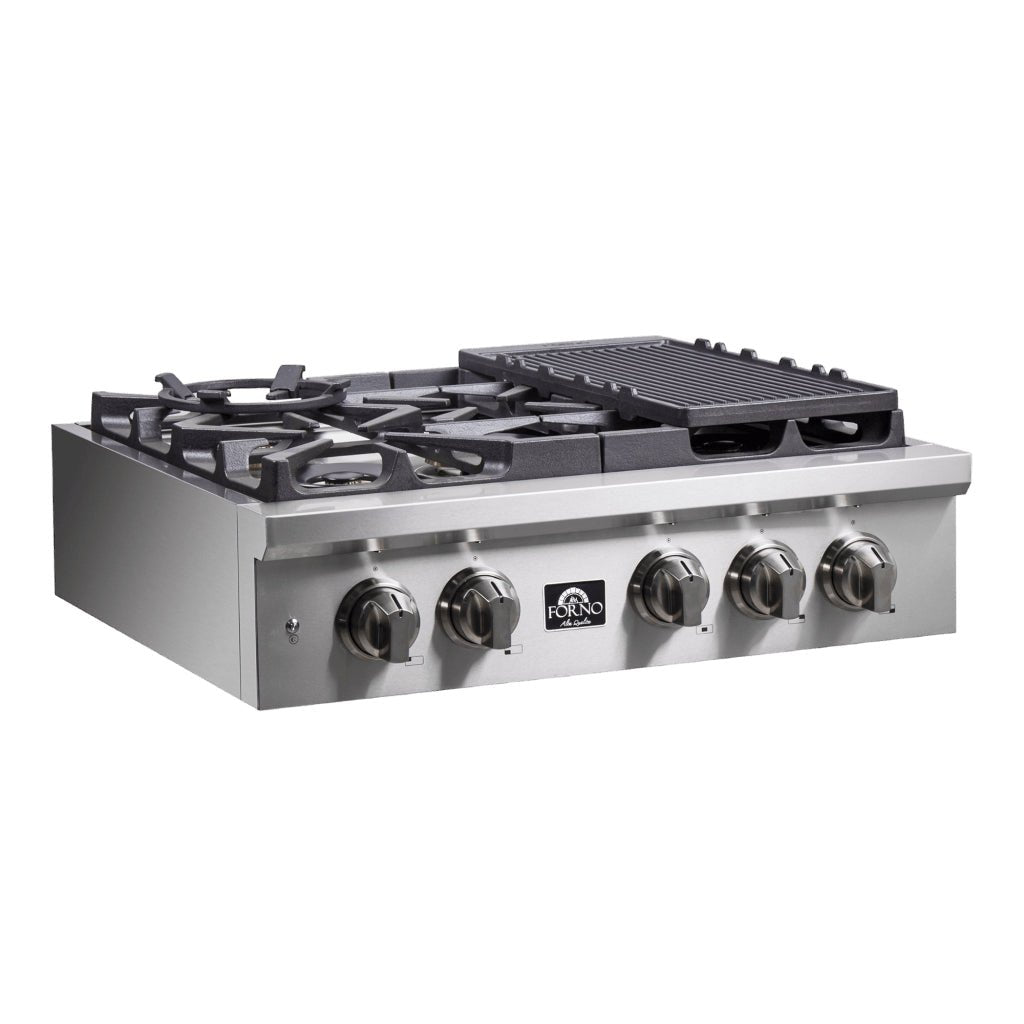 Forno Spezia Alta Qualita 30-Inch Pro-Style Gas Rangetop, Stainless Steel, 5 Sealed Burners, Continuous Cast Iron Grates, High Heat Output - BonPrix Électroménagers