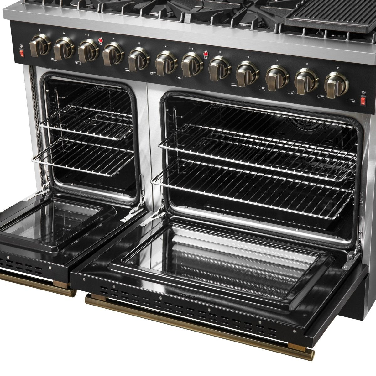 Galiano 48-inch Dual Fuel Range Black & Antique Brass Design with 8 Sealed Burners 107,000 BTU, 6.58 cu. ft. double ovens & Griddle - BonPrix Électroménagers