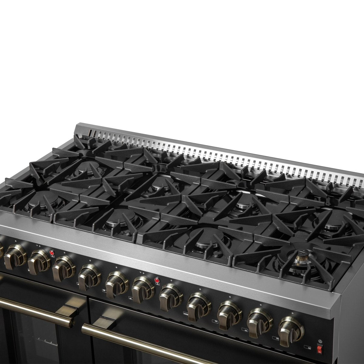 Galiano 48-inch Dual Fuel Range Black & Antique Brass Design with 8 Sealed Burners 107,000 BTU, 6.58 cu. ft. double ovens & Griddle - BonPrix Électroménagers