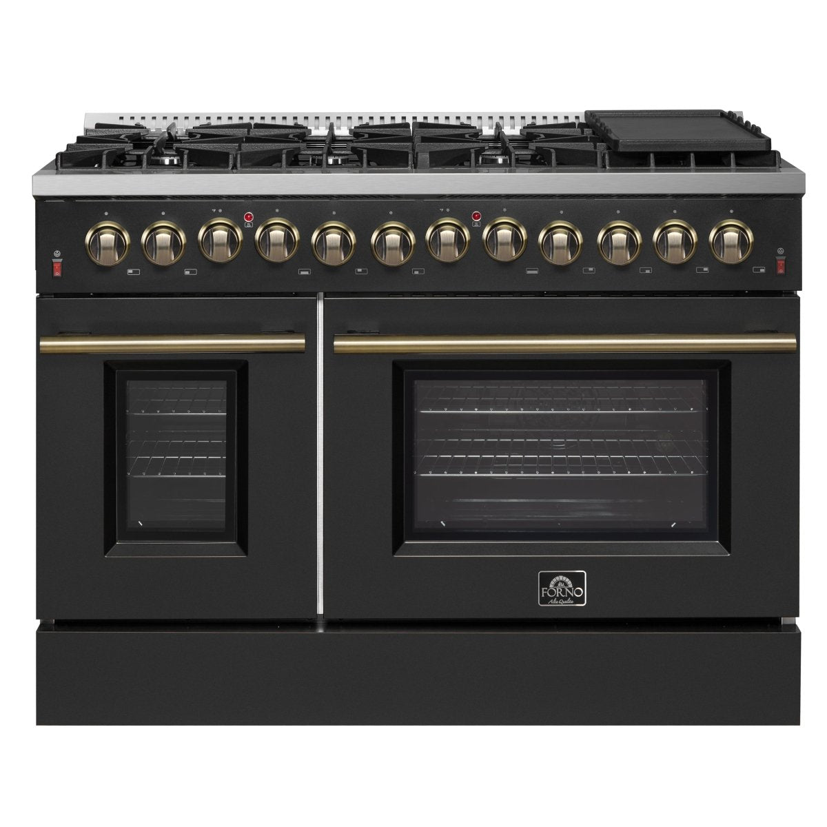 Galiano 48-inch Dual Fuel Range Black & Antique Brass Design with 8 Sealed Burners 107,000 BTU, 6.58 cu. ft. double ovens & Griddle - BonPrix Électroménagers