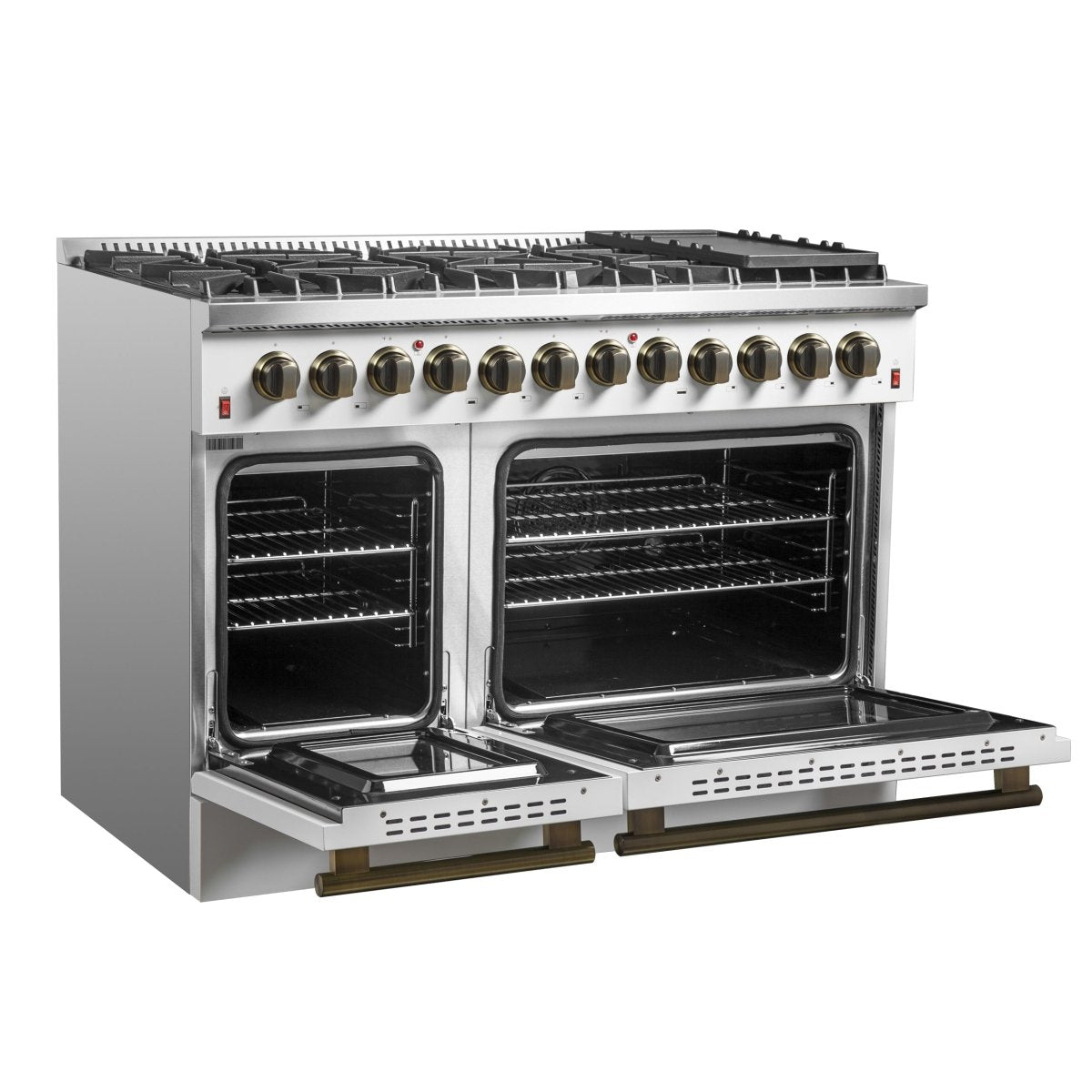 Galiano 48-inch Dual Fuel Range White & Antique Brass Design with 8 Sealed Burners 107,000 BTU, 6.58 cu. ft. double ovens & Griddle - BonPrix Électroménagers